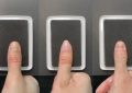 A composite image of close up thumbs pressing on a black ink pad