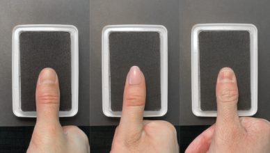 A composite image of close up thumbs pressing on a black ink pad