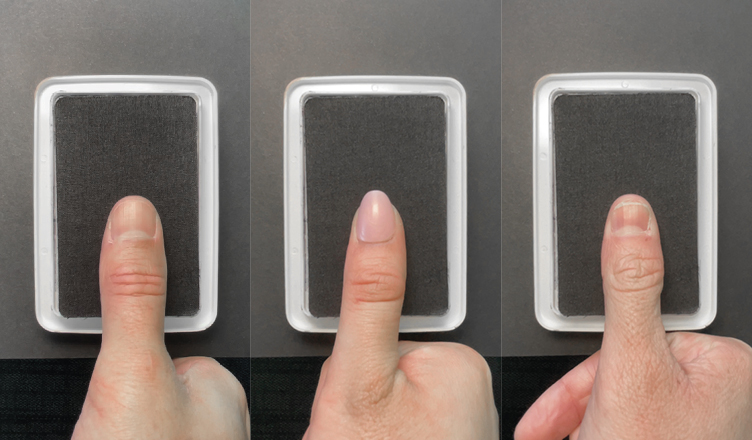 A composite image of close up thumbs pressing on a black ink pad